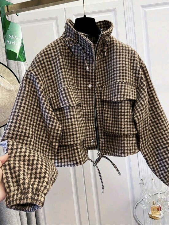 Jackets & Blazers - Women's Short Houndstooth Print Woven Jacket, Stand Collar Long Sleeve Zip Up